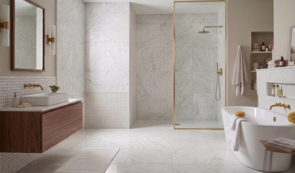 A modern bathroom with a walk-in shower, freestanding tub, and light stone tile
